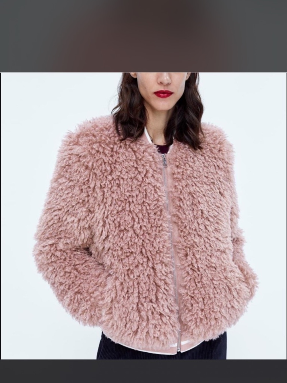 Zara Plush Teddy Bomber Jacket - Dusty Pink
